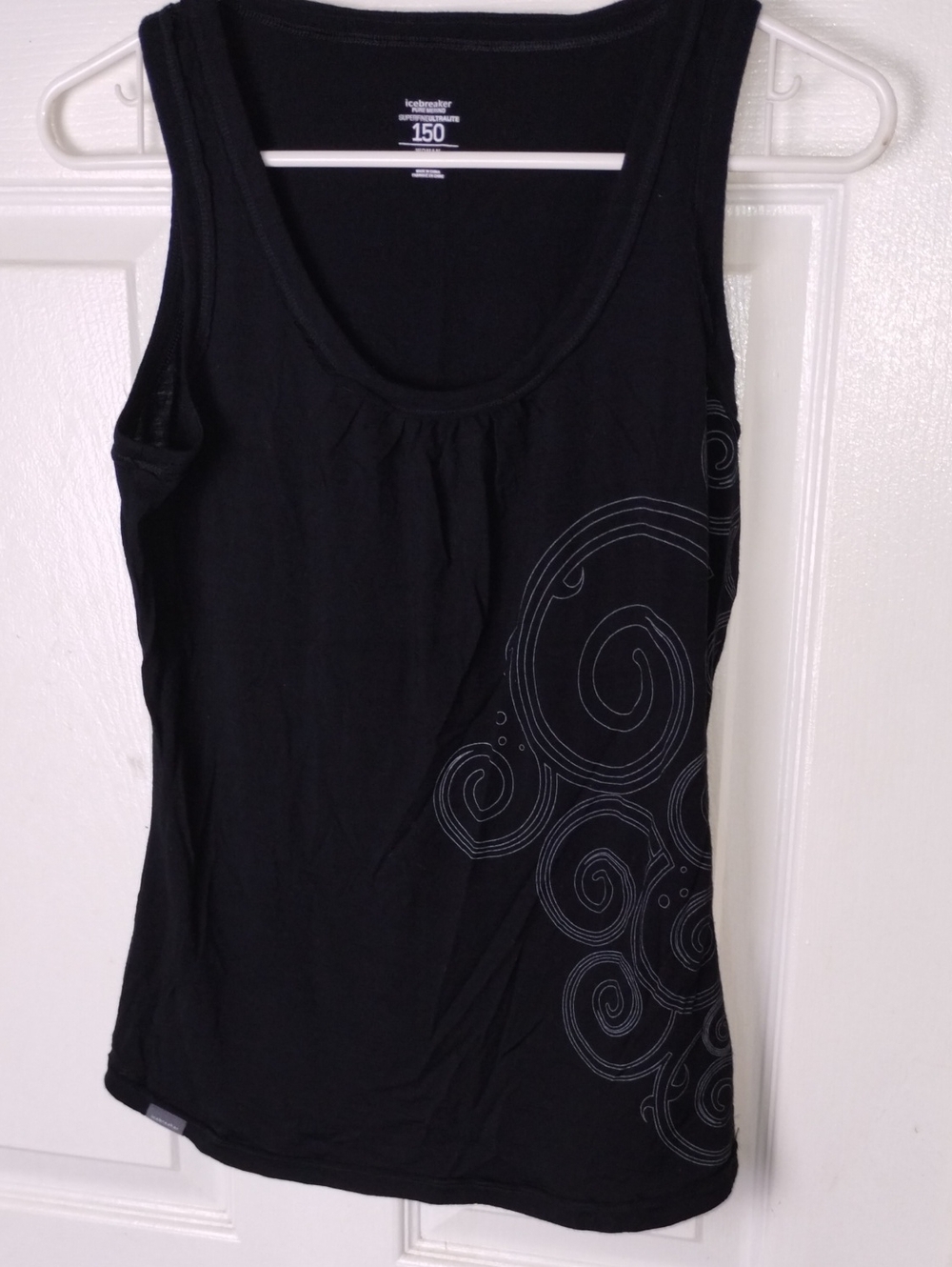 Icebreaker Merino Wool 150 Black Tank Top with Light Gray Swirl Print. Size S